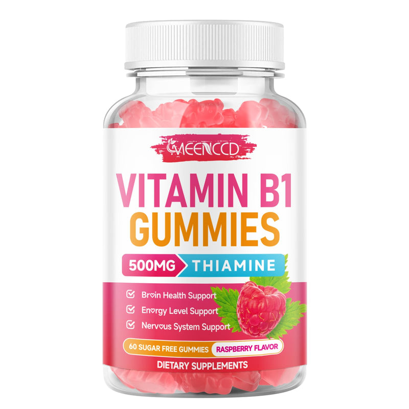 MEENCCD Vitamin B1 Gummies 500mg, Thiamine B1 Supplement Supports Energy Production, B1 Vitamin for Adults & Kids, Sugar-Free, Vegan, Raspberry Flavor, 60 Count 60 Count (Pack of 1)