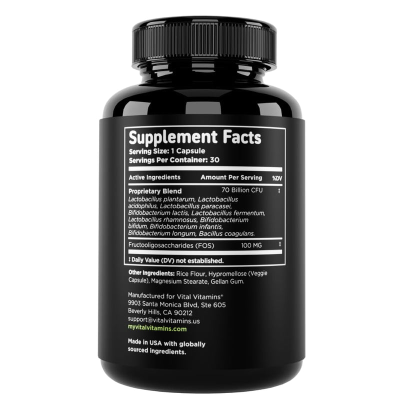 Vital Vitamins Probiotic Complex, 70 Billion CFU for Men & Women | 10-Probiotic Strain Blend with Prebiotic FOS, Supports Digestion & Immunity, Shelf-Stable, 30 Capsules 30 Count (Pack of 1)