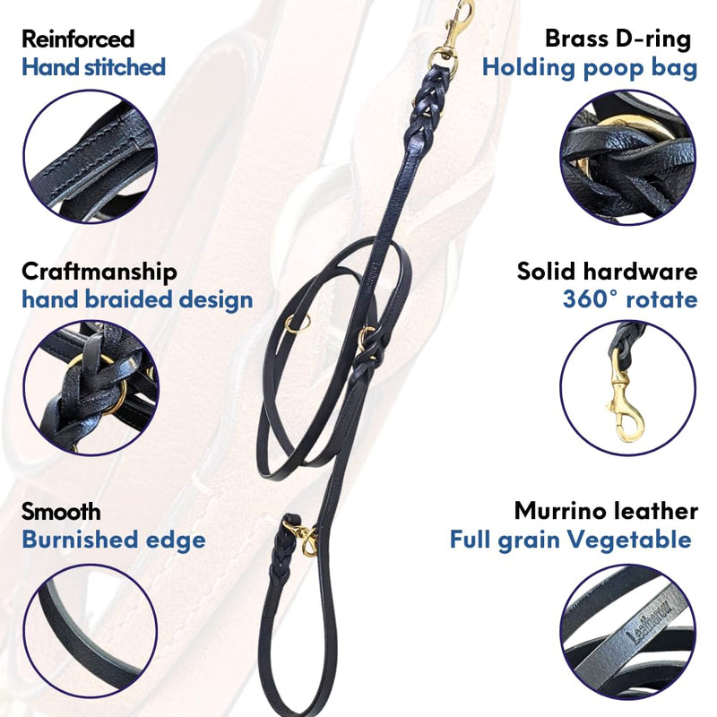 8 FT Multi-Function Leather Dog Leash, Genuine Leather Hands-Free Training Lead for Small Medium Large Dogs, Adjustable Long Leash for Walking, Hiking, Obedience Control (Black, 8 Ft) Black - BeesActive Australia