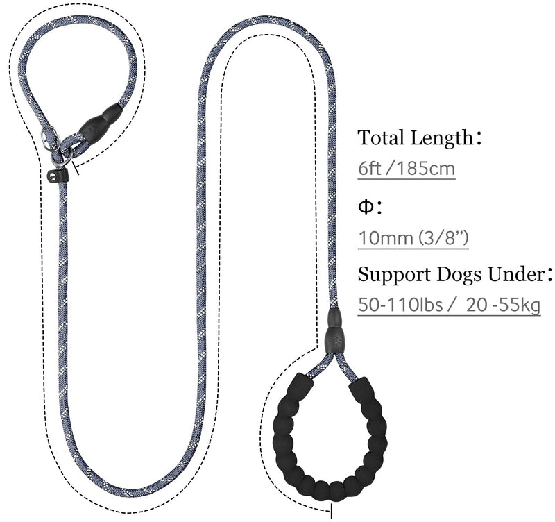 TagME Slip Leads for Dogs, 6 FT Heavy Duty Dog Leash with Padded Handle, Strong Rope No Pull Pet Training Leash for Medium Dogs,Gray M-3/8"x6'(50-110lbs) Gray - BeesActive Australia