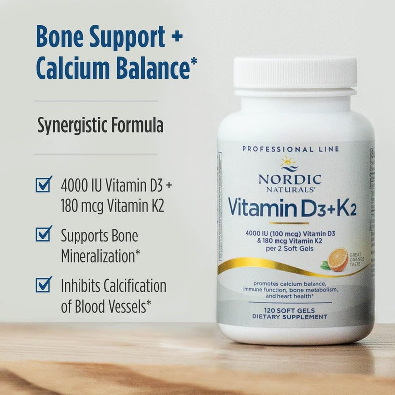 Nordic Naturals Pro Vitamin D3 + K2, 4000 IU D3, 180 mcg K2-60 Count | 4000 IU Vitamin D3 + 180 mcg K2. Bone Health & Immune Function. Calcium Balance Support. Orange Flavor. Non-GMO. 30 Servings.