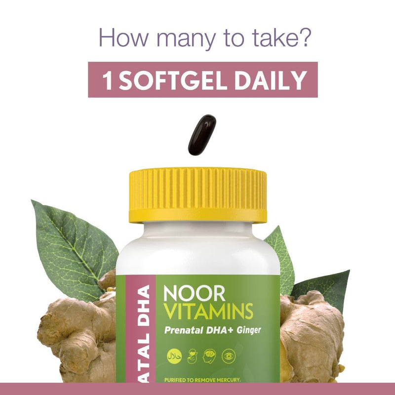 Noor Vitamins Halal Prenatal Vitamins with DHA and Folic Acid, Essential Vitamins, Ginger to Soothe Mom's Stomach, Iron, Softgels, Prenatal Vitamin Before/During/Post Pregnancy (3 Months Supply) 90 Count (Pack of 1)