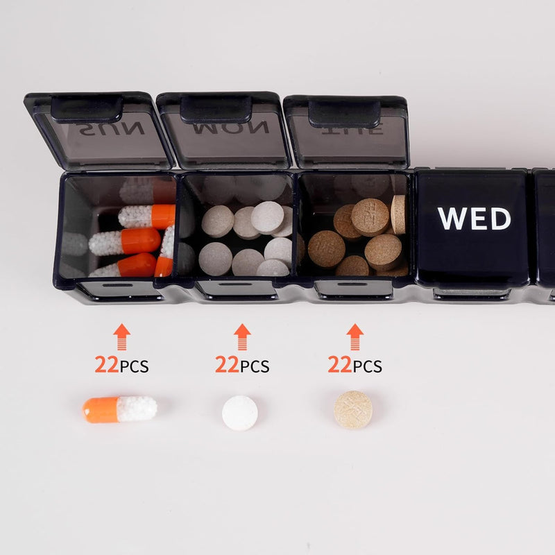 Weekly Pill Organizer 7 Day, Daily Medicine Planner with Large Compartments, Portable Vitamin and Supplement Organizer Case, Travel Friendly Design (Black)
