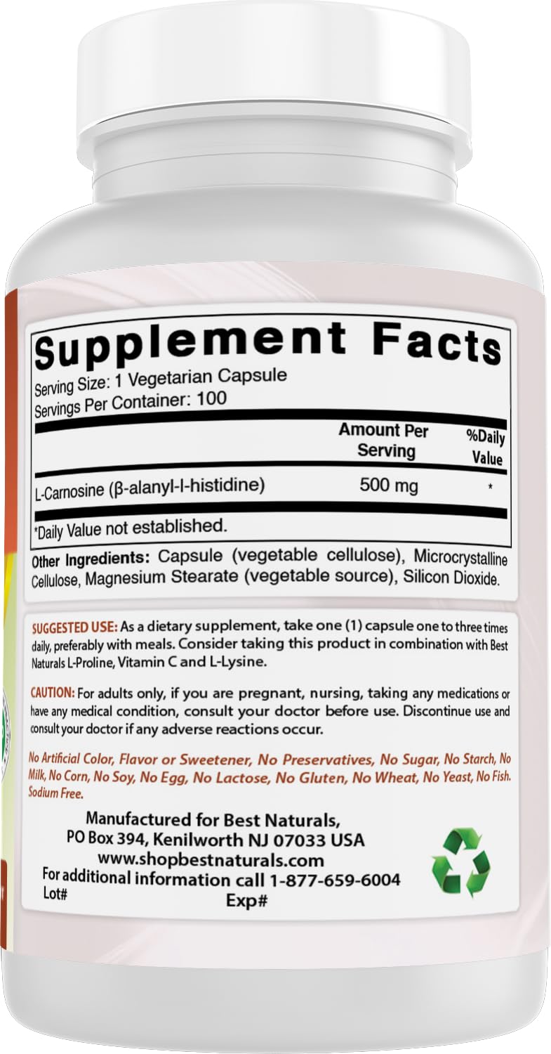 Best Naturals L-Carnosine 500 mg 100 Vcaps (100 Count (Pack of 2)) 100 Count (Pack of 2)