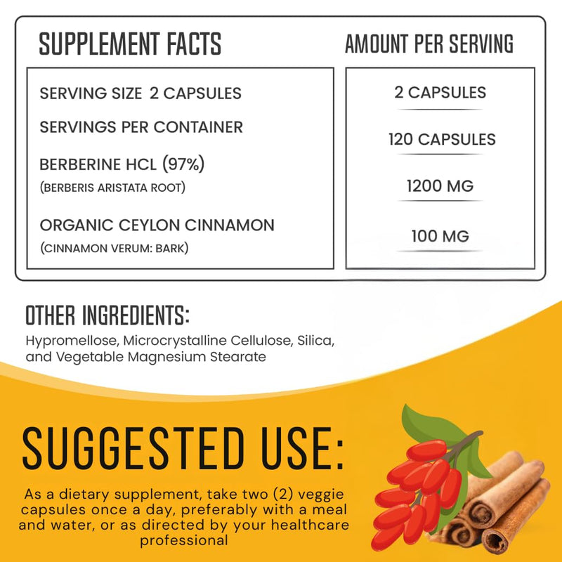 Berberine with Ceylon Cinnamon 1200mg ‚Äì 97% Purity- Non-GMO, Gluten-Free, Lab-Tested Vegan Berberine Supplement (120 Count) 120 Count (Pack of 1)