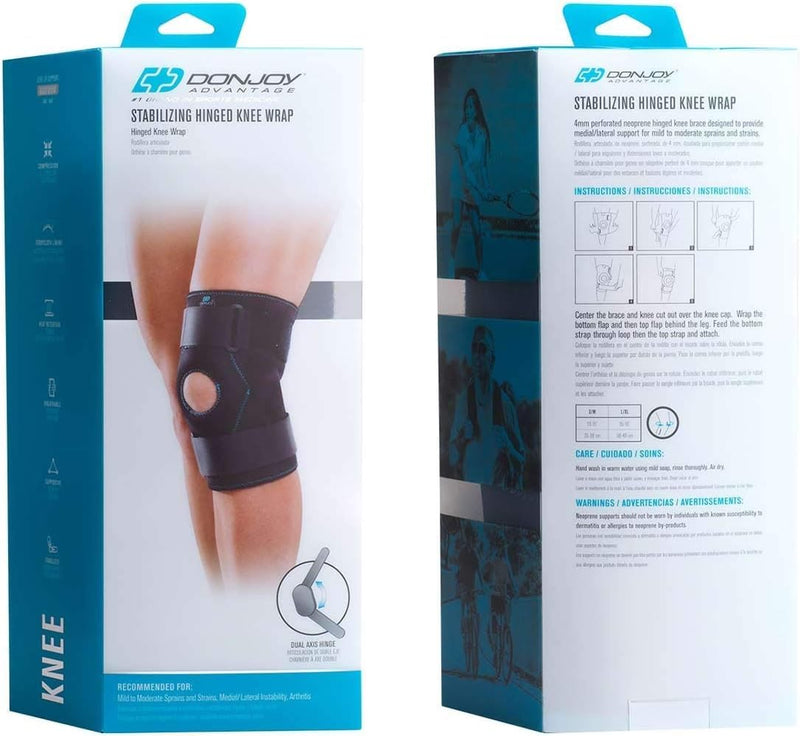 DonJoy Advantage Stabilizing Double Hinged Knee Wrap Brace for Sprains, Strains, Media Lateral Instability, Arthritis, Patella Buttress, Adjustable to fit Large to X-Large 15" to 19"