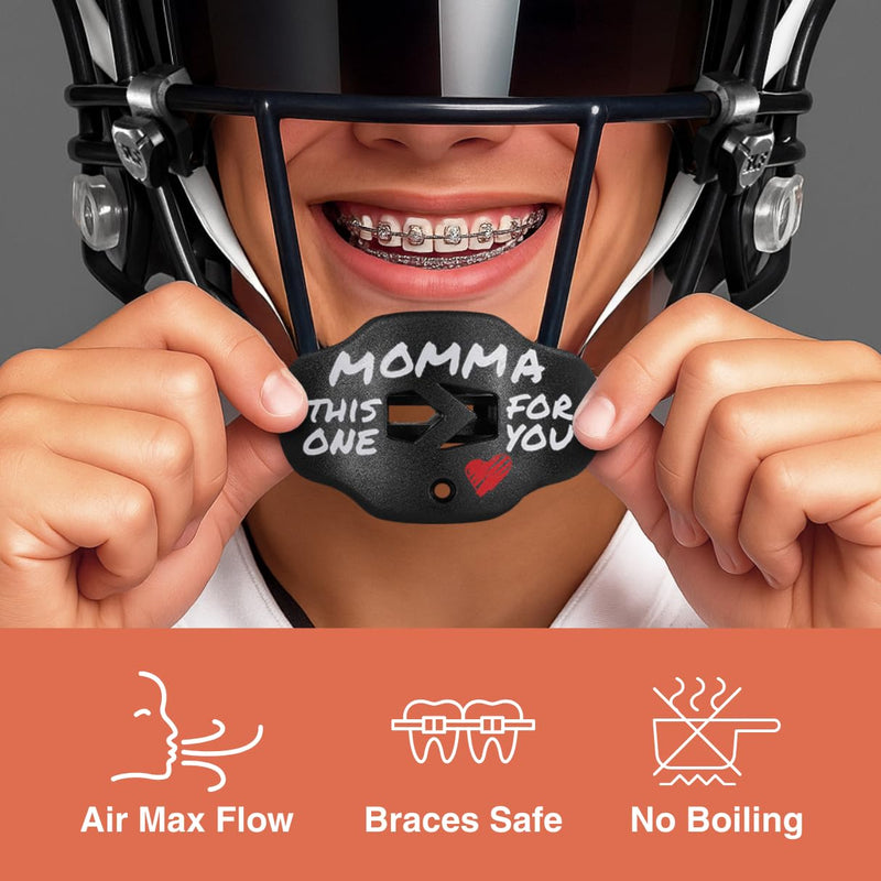 SLEEFS Football Mouth Guard - Lip/Mouthguard with Helmet Strap - Lip/Teeth Protector Mouthpiece - No Boil - for Youth/Adults, Maximum Air Flow, for All Sports - Momma This One for You Black - BeesActive Australia