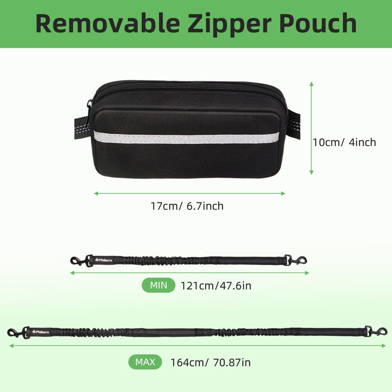 Philorn Hands Free Dog Leash with Pouch, Adjustable Waist Leash for Dog Walking, Running Leashes for Medium Large Dogs, Waist Dog Leashes with Dual Handles and Durable Bungee for Jogging Hiking Black for 1