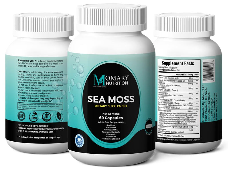 Sea Moss, Black Seed, Ashwagandha, Turmeric, Burdock, Vitamin C, Vitamin B3, Multimineral Blend, All-in-One Supplement for Men and Women, Vegan, Gluten Free, Non-GMO, 60 Capsules