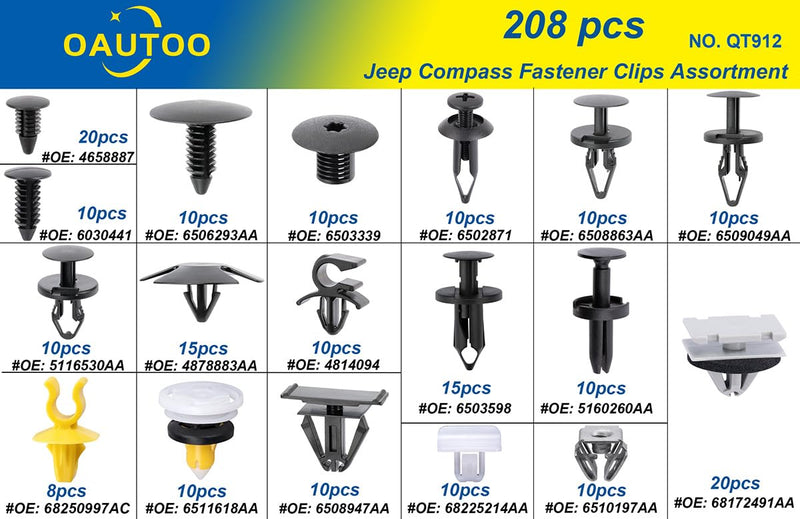 OAUTOO 210pcs for Jeep Compass 2007-On Auto Body Interior and Exterior Retainer Fastener Clip Assortment