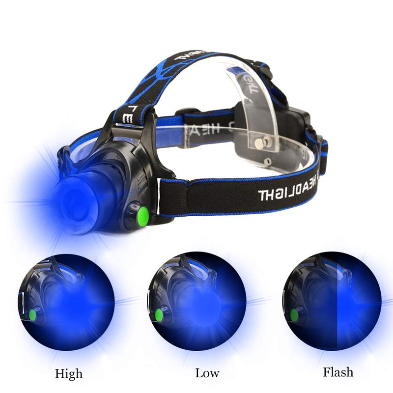 Blue LED Headlamp Flashlight Water Resistant Zoomable 3 Modes Blue Head Lamp for Fishing Hunting Outdoor Activities