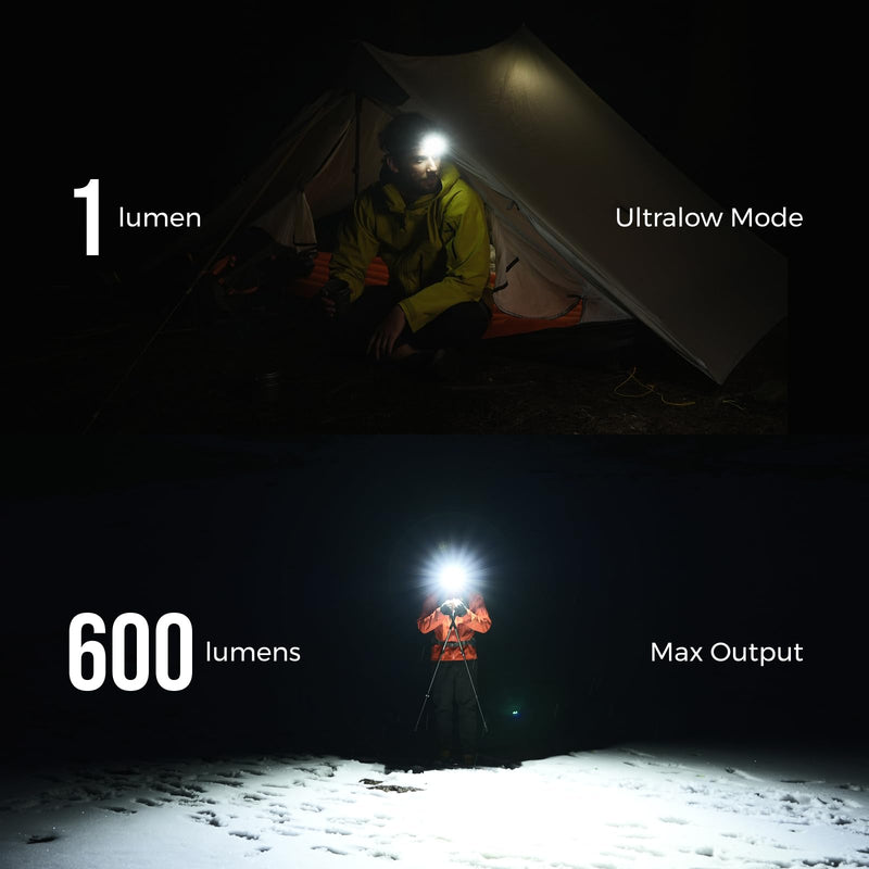 FLEXTAILGEAR 1-600 Lumen Ultra Bright Lightweight Headlamp, USB-C Rechargeable Outdoor Headlamp with White Red Light, Adjustable Headband for Camping, Back Packing, Hiking, Fishing Orange