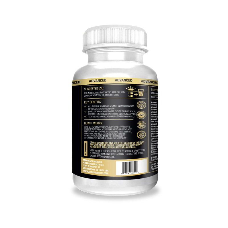 Actif Multivitamin for Men Age 60+ with 30 Organic Vitamins and Organic Herbs, Non-GMO, Made in USA, 120 Count