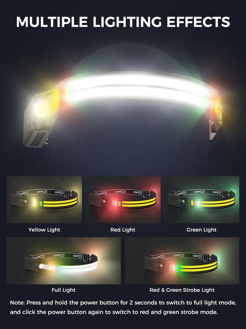 COPPA Headlamp, H4C Headlamp Rechargeable 2Pack with White & Yellow & Red & Green Floodlight & Spotlight Mini Portable with Motion Sensor Super for Camping Running Fishing Climbing Hiking Maintenance English 2.0