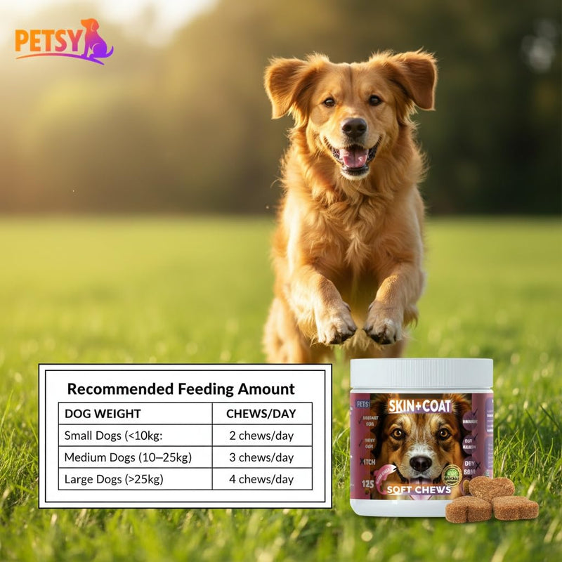 Petsy Skin & Coat supplement for dogs Vitamin C, E, Zinc, Biotin, OMEGA 3 Shiny coat Rejuvinate Healthy coat Natural Support itchy skin relief Daily