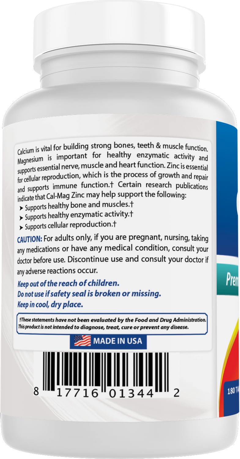 #1 CAL MAG ZINC by Best Naturals - Essential Mineral Complex - Manufactured in a USA Based GMP Certified Facility and Third Party Tested for Purity. Guaranteed!!, 180 Tablets Unflavored 180 Count (Pack of 1)