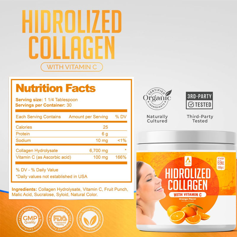 AV Orange Hydrolyzed Grass Fed Collagen with Vitamin C | Powder Supplement | Non-GMO Verified – 198gr