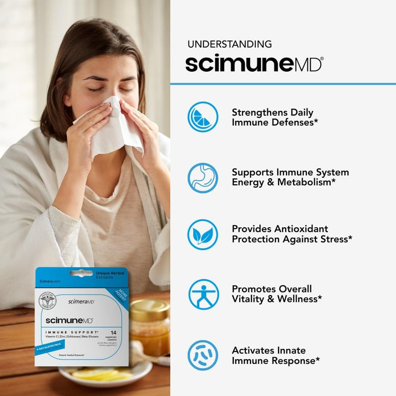 ScimeraMD® Scimune Immune Support Supplement with Zinc, Quercetin, Vitamin C, Echinacea & Wellmune® Beta Glucan, 14 Capsules 14 Count (Pack of 1)
