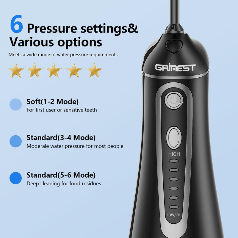Water Flosser,Water Dental Flosser Pick for Teeth,Grinest 7 Modes Rechargeable Cordless Oral Irrigator Portable IPX7 Waterproof Tooth flossers for Home Travel-Black Black