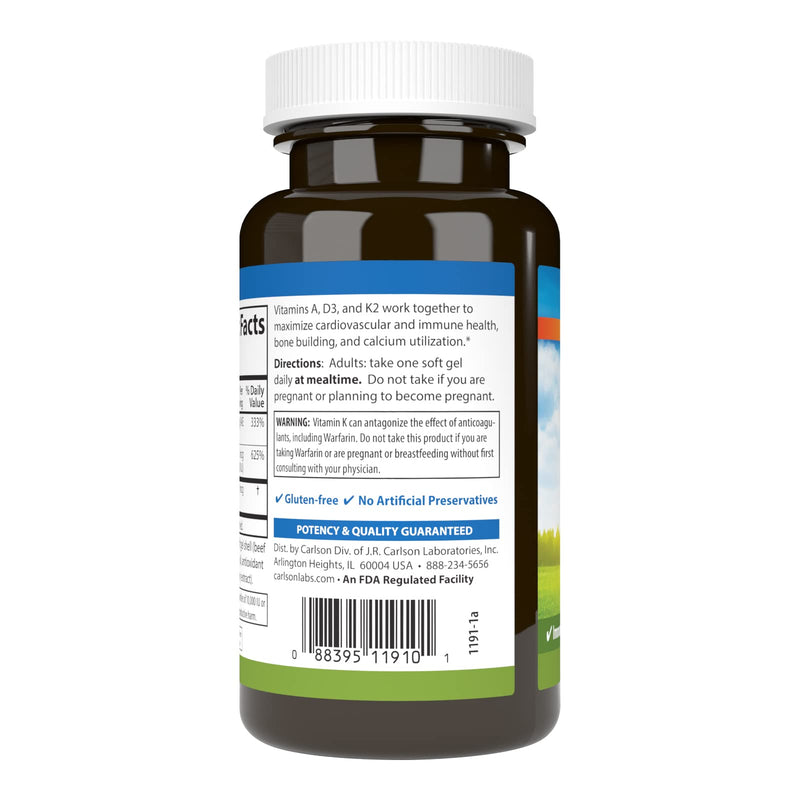 Carlson Vitamins A, D3, K2, 120 Soft Gels | 3000 mcg RAE Vitamin A; 125 mcg Vitamin D3; 90 mcg Vitamin K2 as MK-7; Bone Building; Calcium Utilization 120 Count (Pack of 1)