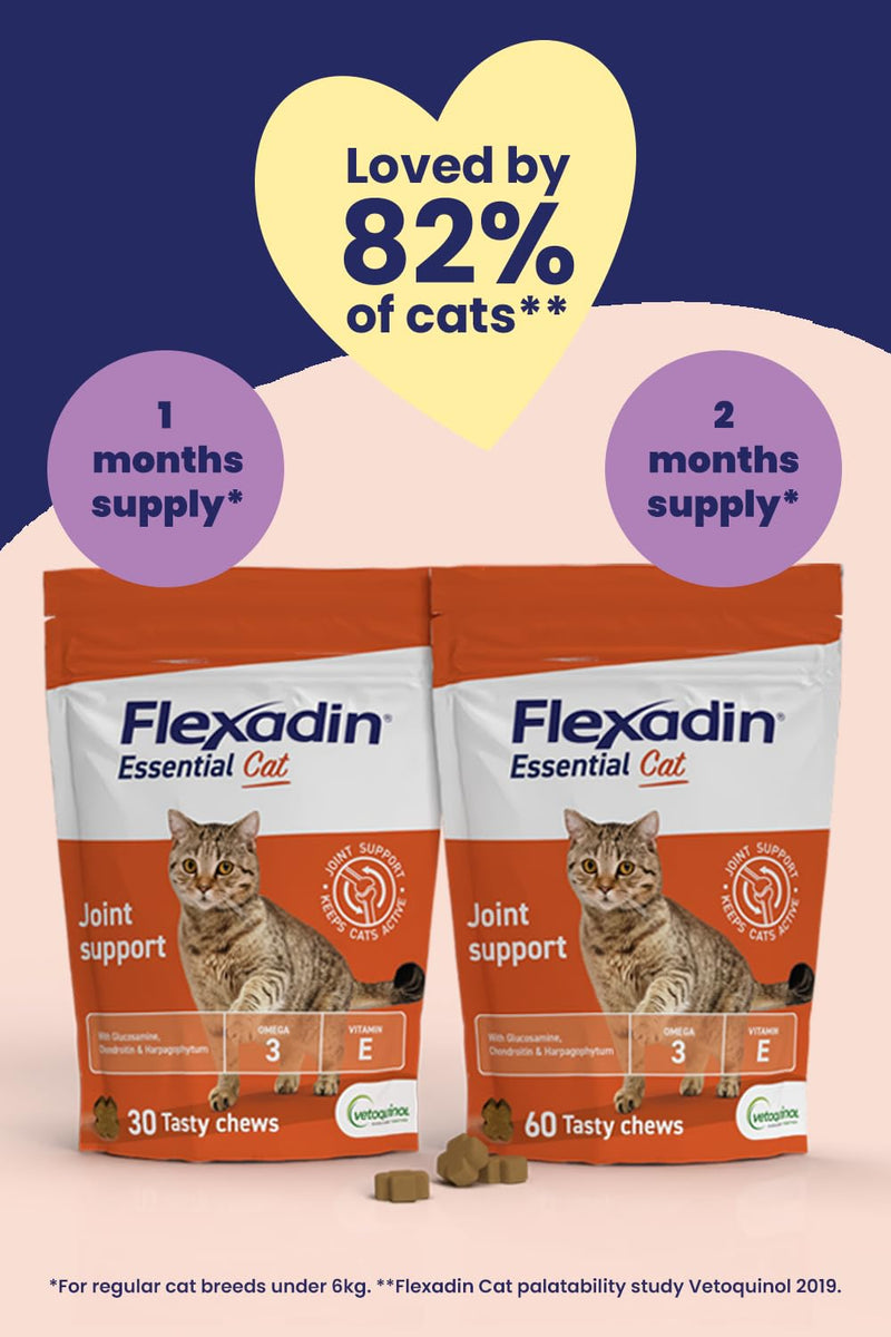 Flexadin Essential Joint Care Supplement for Cats containing Glucosamine, Chondroitin, Omega 3, Vitamin E & Devil’s Claw/Promoting long-term joint health, mobility & flexibility / 30 chew pack