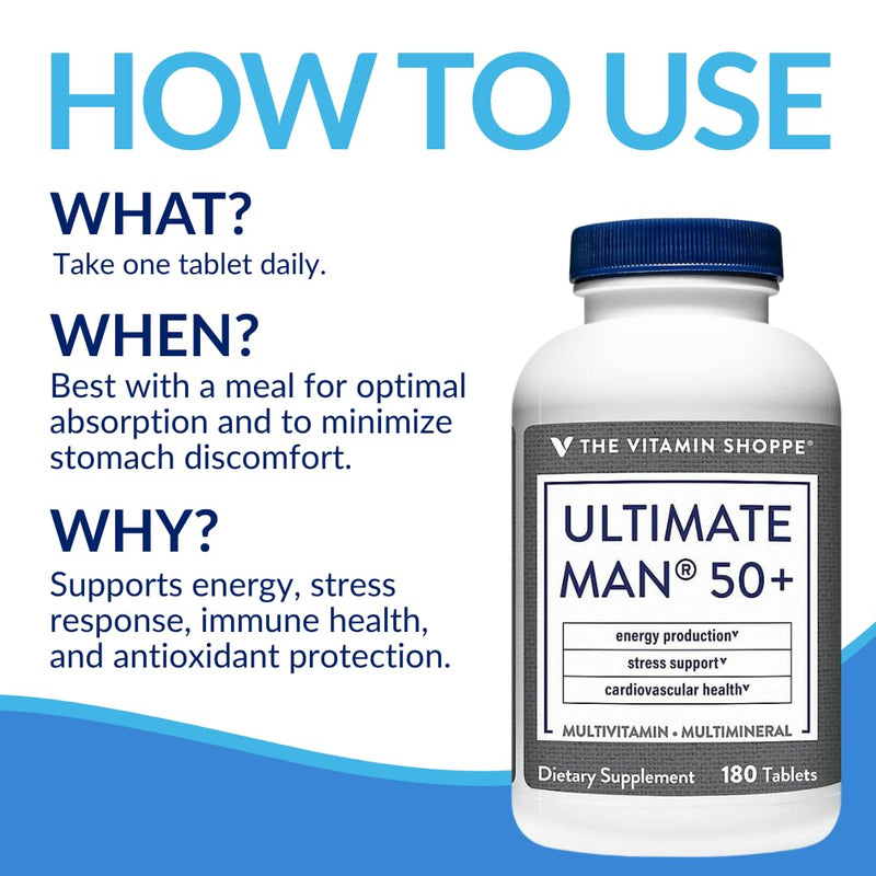 The Vitamin Shoppe Brand Ultimate Man 50+ Multivitamin, 180 Tablets | Daily Multivitamin for Men With Vitamins, Minerals & Antioxidants for Energy, Immune & Overall Wellness Support, Gluten Free