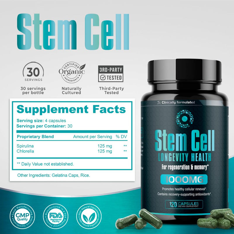 Premium Stem Cell Supplements 1,000mg (240 Caps) Boost Immunity, Reduce Joint Soreness, Support Natural Anti-Aging & Longevity with Spirulina & Chlorella for Vitality, Celulas Madre Health Formula 2