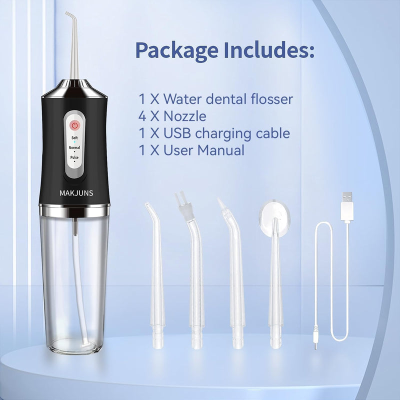 Water Dental Flosser Teeth Pick Portable Cordless Oral Irrigator Rechargeable Travel Irrigation Cleaner 3 Modes 4 Jets IPX7 Waterproof Electric (Black) Black