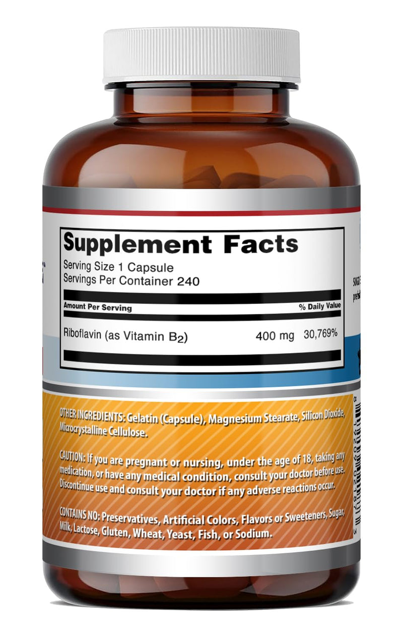 Amazing Formulas Riboflavin 400 mg Capsules | Vitamin B2 Supplement | Non-GMO | Gluten Free | Made in USA (240 Count) 240 Count