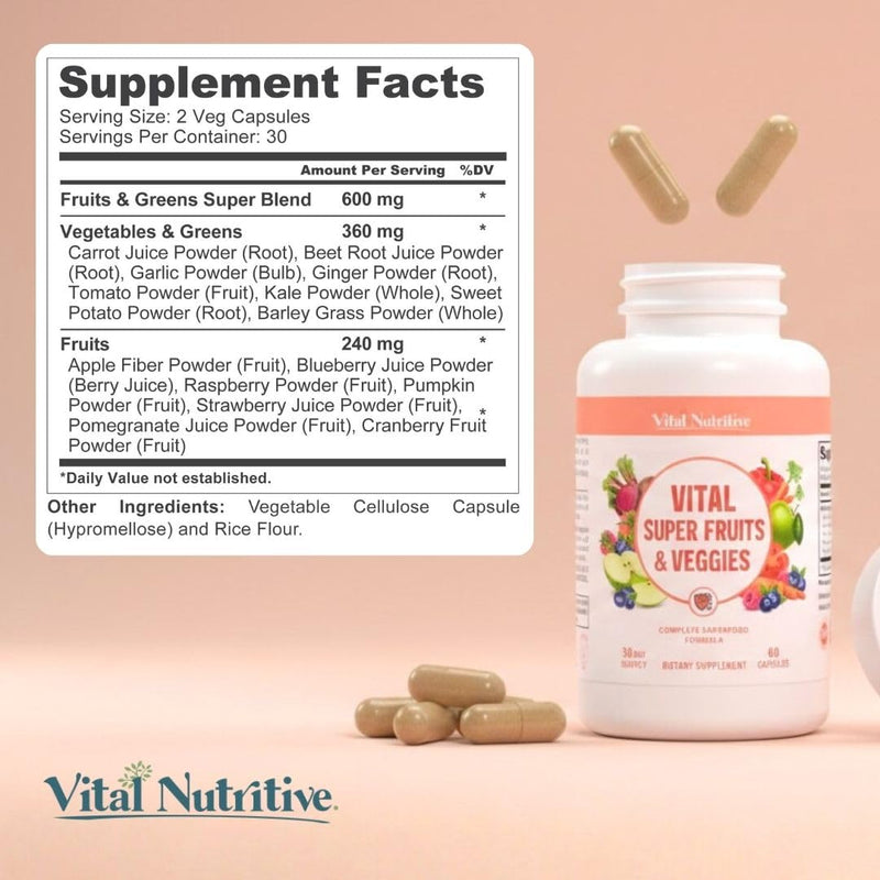 VITAL NUTRITIVE Super Fruits & Veggies -2-in-1 Fruit & Vegetable Supplement | Daily Superfood for Adults, Supports Immunity, Energy & Overall Wellness, Whole-Food Blend, Non-GMO 120 days 60 Count (Pack of 2)