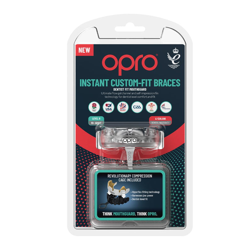 OPRO Braces Mouthguard – Custom-Fit, Slim & Breathable Design – Shock-Absorbing Sports Mouth Guard for Wrestling, Basketball, Football, MMA, Lacrosse, Hockey & More – Youth & Adult Clear/White