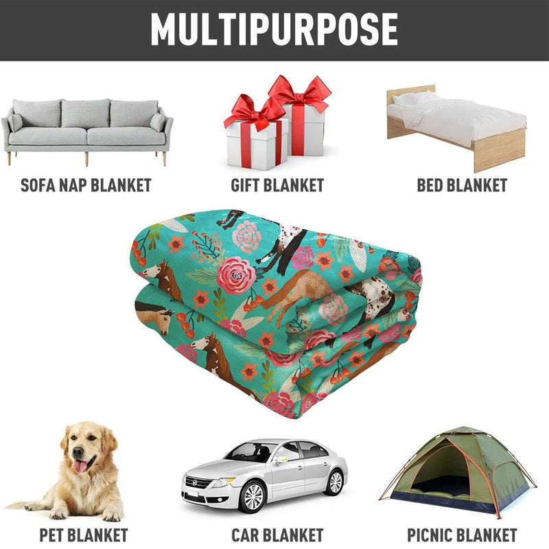 Flower Horse Throw Blanket Horse Green with Flowers Fleece Blanket Soft Warm Cozy for Sofa Couch Bed 50"x60" 50"x60" Flower Horse - BeesActive Australia