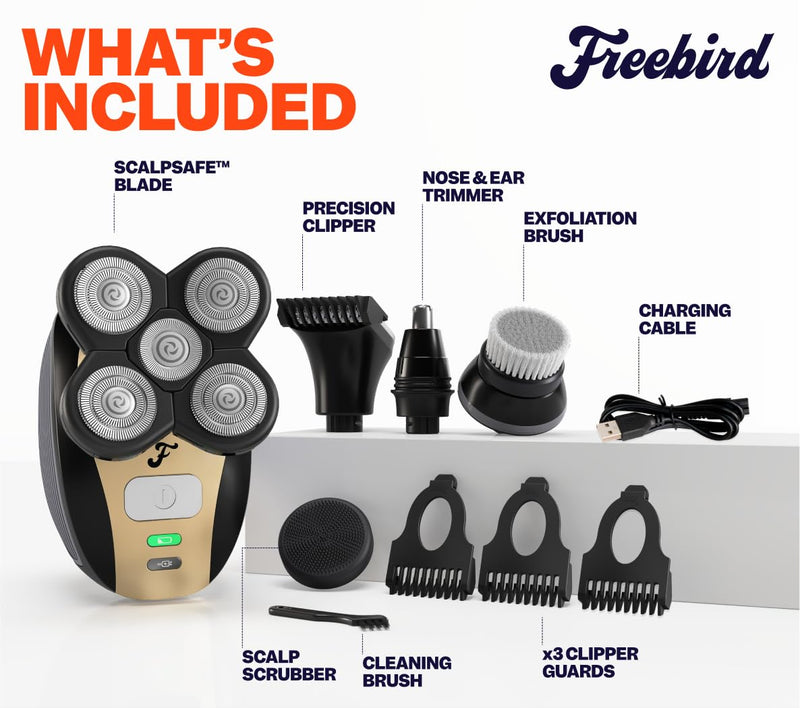 FlexSeries Electric Head & Body Hair Shaver - Mens Cordless Rechargeable Wet/Dry Skull Bald Head Back & Groin Waterproof Razor with Rotary Blades, Clippers, Nose Trimmer, Brush, Massager FlexSeries