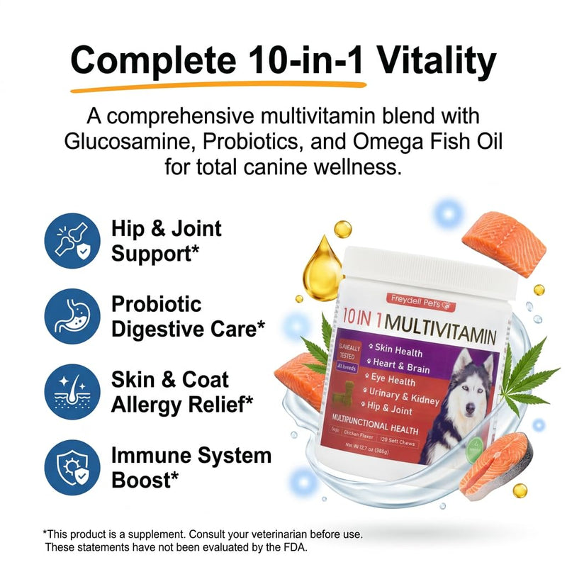 Freydell Pets 10-in-1 Multivitamin Dog Supplement – Glucosamine & Chondroitin Joint Support, Probiotics for Gut Health, Omega Fish Oil Skin & Coat, Immune & Allergy Support Vitamins (120 Chews)