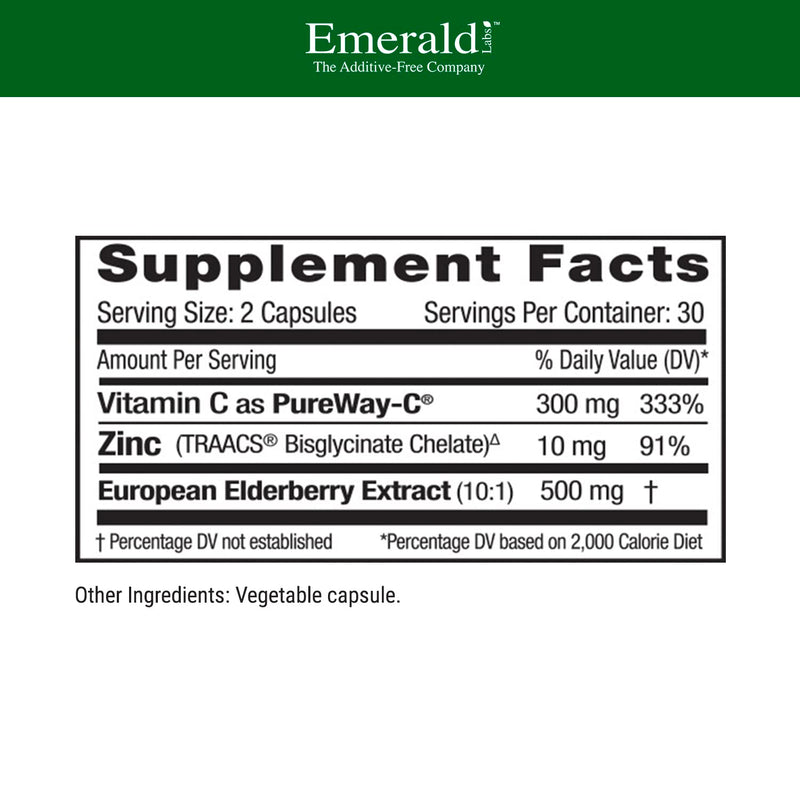 EMERALD LABS Elderberry Plus - Digestive & Immune Support with European Elderberry Extract, Vitamin C as PureWay-C & Albion Chelated Zinc - Vegan & Gluten-Free - 60 Vegetable Capsules (30-Day Supply)