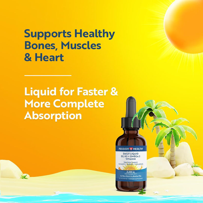 Passion 4 Health Organic Liquid Vitamin D3 K2 (Mk-7) + Omega 3 Supplement - Liquid Vitamin D Drops (5000IU) - Support for Healthy Bones and Muscles 1 Fl Oz (Pack of 1)