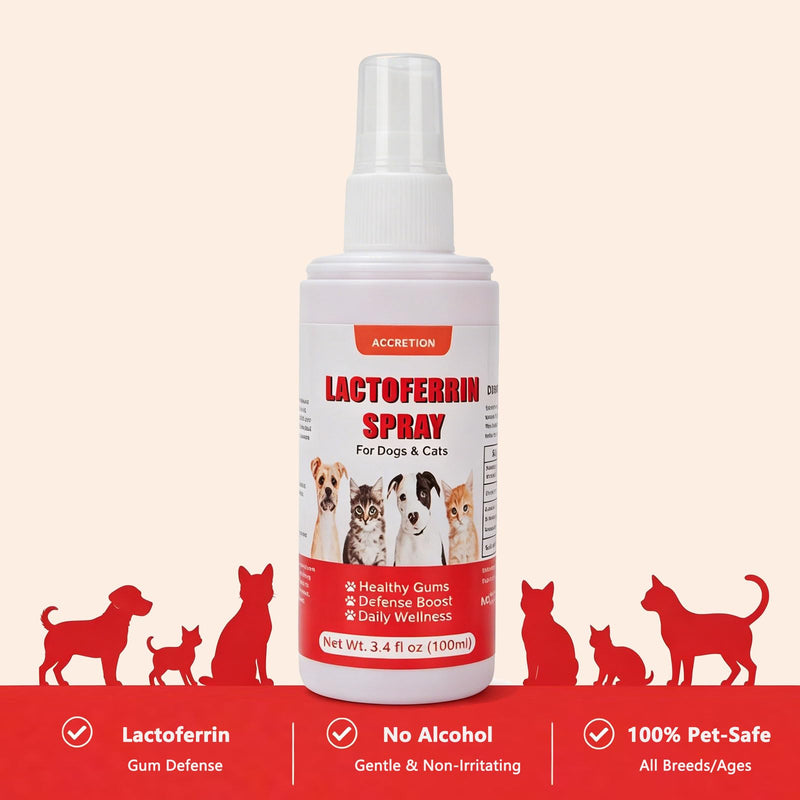 Lactoferrin Pet Oral Care Spray for Dogs & Cats, Natural Gingivitis Support for Gum Sensitivity & Oral Discomfort, with Colostrum, L-Lysine & Prebiotics FOS, Gentle Daily Oral Care, 100ml