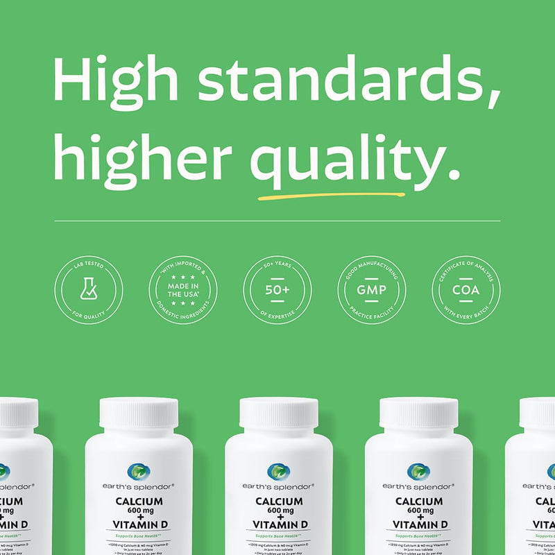 Earth's Splendor Calcium 600mg with Vitamin D Bone Support 120 Tablets | Calcium 600mg with Vitamin D Supplement Bone Health Support Daily Wellness Men Women 120 Tablets Calcium 600 mg + Vitamin D