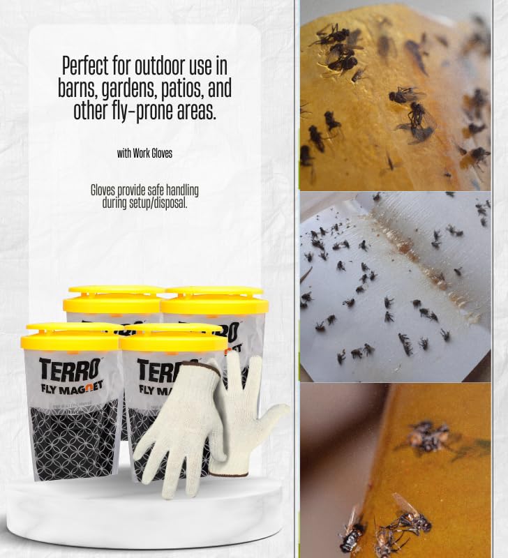 4X TERRO Fly Magnet Disposable Fly Trap 1 pk Bundle with Work Gloves – Outdoor Trap attracts and captures Common Flies; Simple Setup with no-Mess Disposal After use – Gift Set (5 Items)