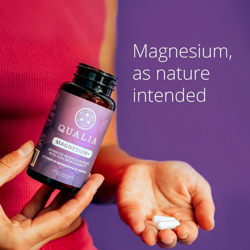 Qualia Magnesium Supplement with Glycinate, 10 Forms and 70+ Minerals | Magnesium complex for women & men with citrate & taurate, for sleep & muscle recovery; clinically studied, high absorption 56 Count (Pack of 1)