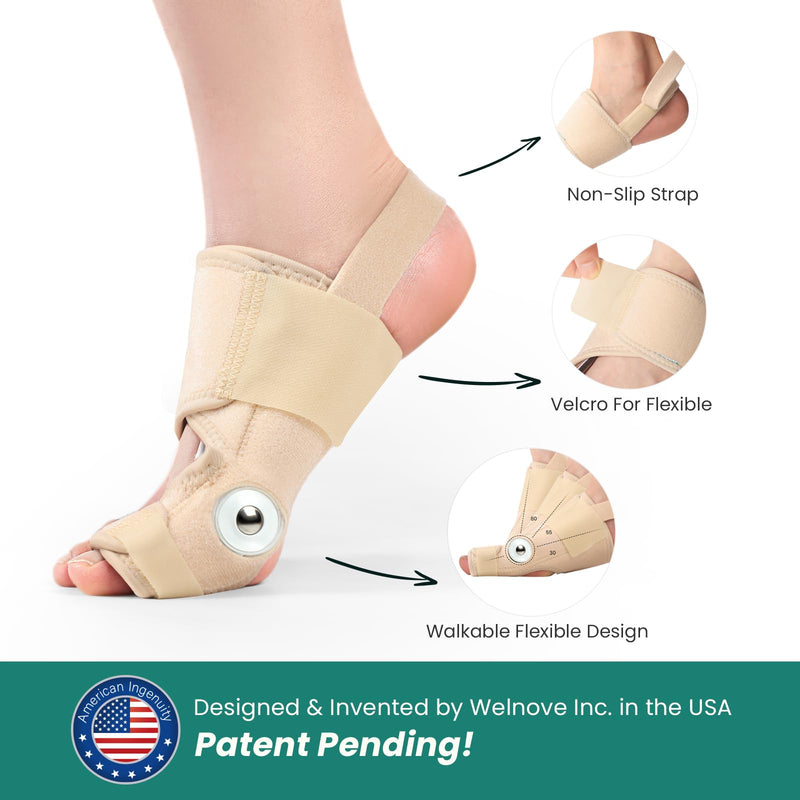 Welnove Bunion Corrector Women & Men Big Toe: 1 Pair Bunion Splint - Adjustable Bunion Correction - Toe Straightener with Non-slip Strap, Day Night Support (Beige) - With 2 Gel Separators