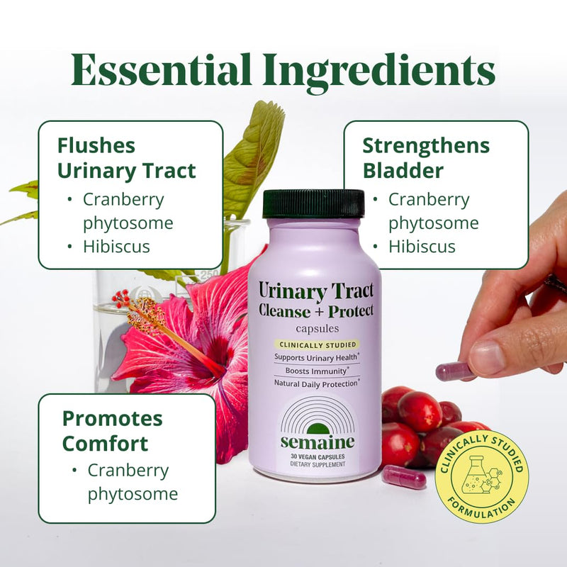 Semaine Urinary Tract Cleanse & Protect – 30 ct, Bladder Support Supplement for Women, Flushes Urinary Tract. Combines Cranberry Proanthocyanidins with Hibiscus. Original Sized Jar - BeesActive Australia