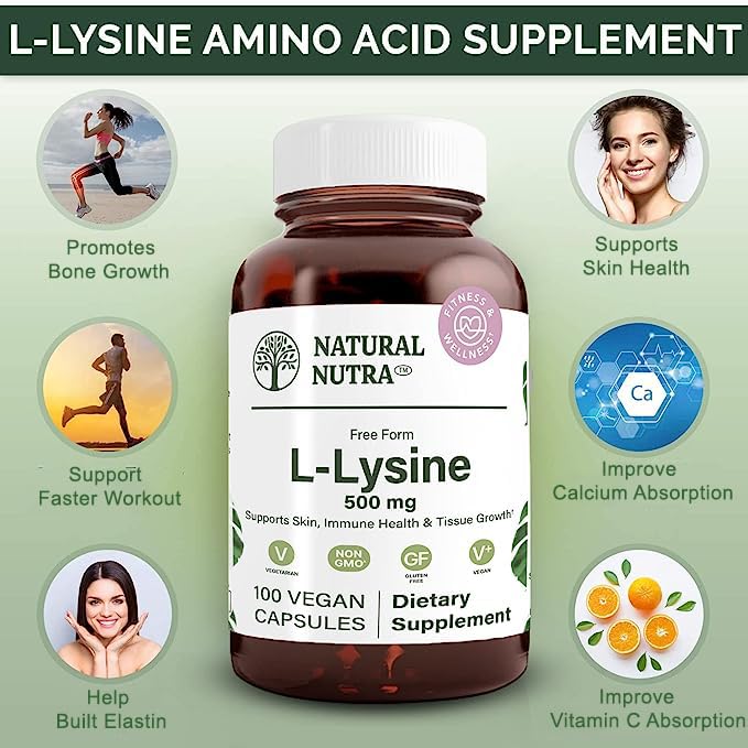 Natural Nutra L Lysine HCl Supplement, Vegan, 500 mg, 100 Capsules | Promotes Bone Health & Growth, Supports Skin Health, Improves Vitamin C Absorption, Improves Calcium Absorption, Non-GMO 100 Count (Pack of 1)