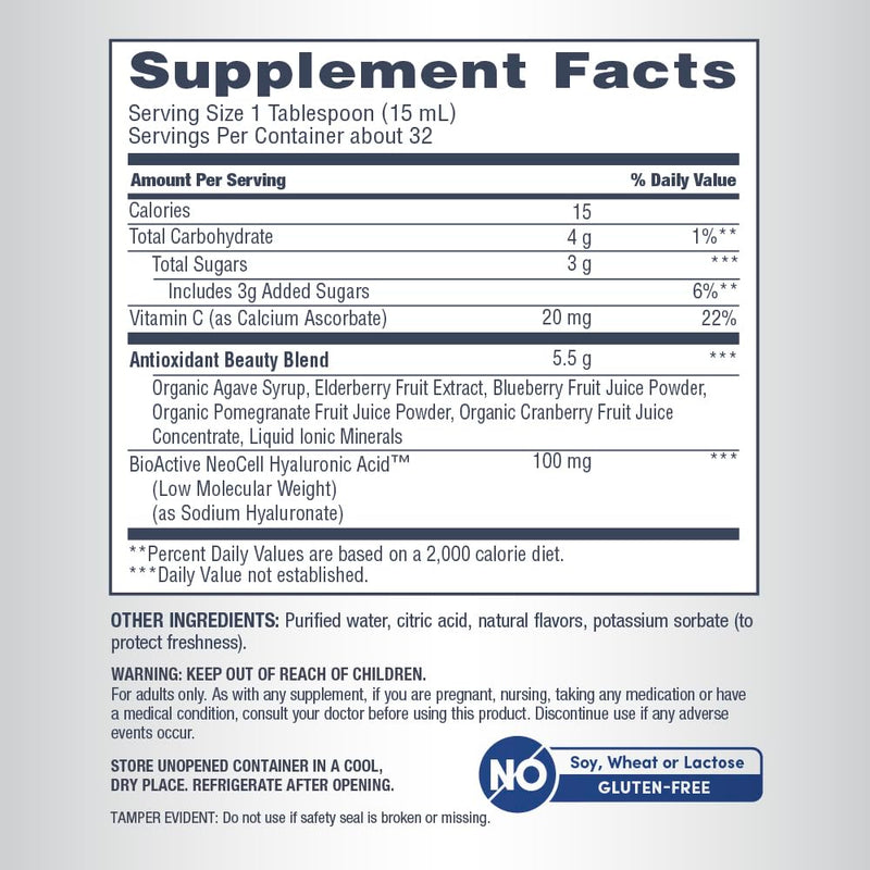 NeoCell Liquid Hyaluronic Acid | 16 fl oz | with Vitamin C | Skin Hydration | Antioxidant Supplement | Blueberry Flavor Hyaluronic Acid + C 16 Fl Oz (Pack of 1)