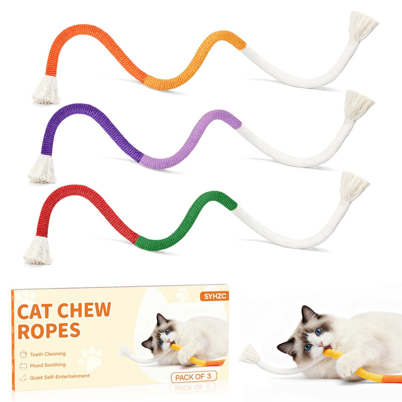 Cat Chew Rope & Kitten Teething Toys – 3 Pack (27 Inch) | Safe Cotton Cat Chew Toy [No Small Parts] | Redirects Biting from Wires | Quiet Cat Teething Toy for Dental Health