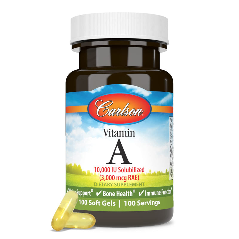 Carlson - Vitamin A Solubilized, 10000 IU (3000 mcg RAE), Water Soluble, Vision Health, 100 Softgels (Pack of 2) 100 Count (Pack of 2)