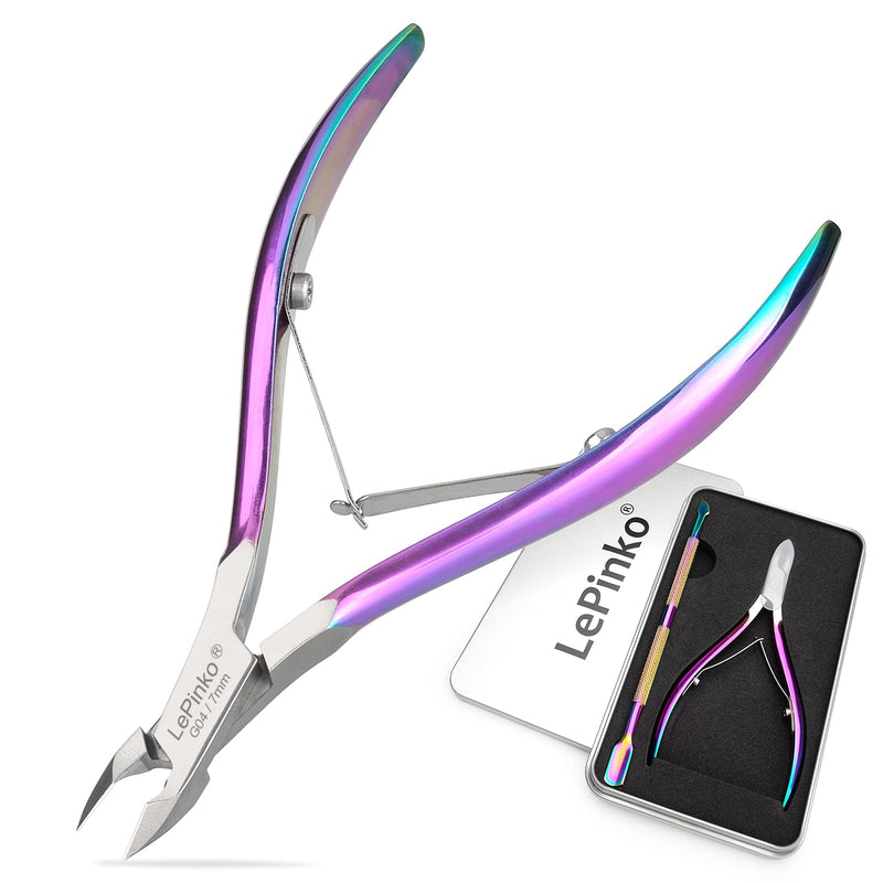 LePinko Professional Cuticle Trimmer with Cuticle Pusher, Super Labor-saving Dead Skin Nippers, Sharp Hangnail Remover for Fingernail Toenail, Pedicure Manicure Nail Care Tool for Women Men, 7mm Jaw Rainbow Color - BeesActive Australia