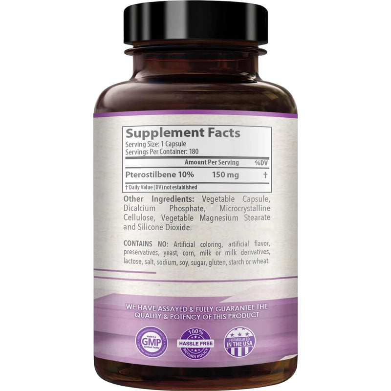 150mg Pterostilbene Supplement - Once Daily Antioxidant Supplement for Healthy Aging Immune Heart Skin and Brain Support - Naturally Derived Non-GMO & Made in the USA (180 Servings)