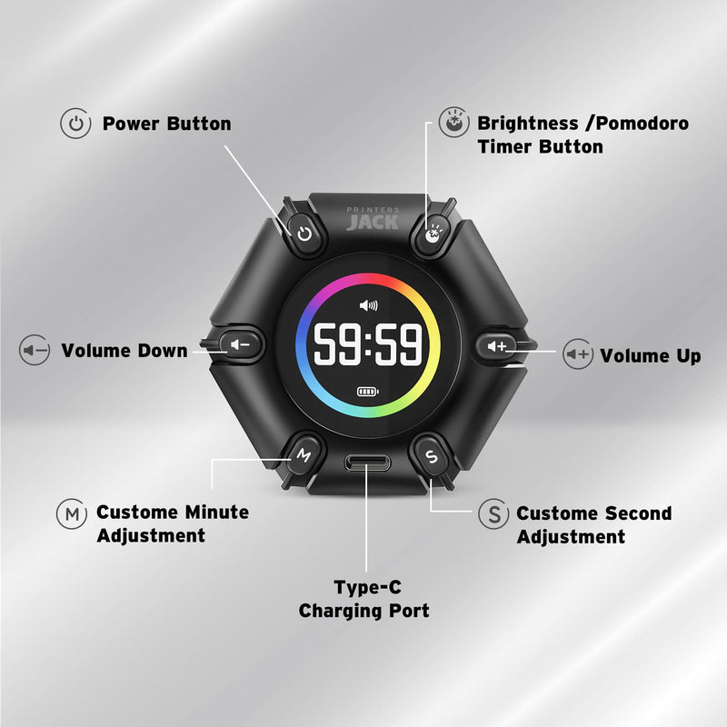 Jack Pomodoro Timer - Productivity Cube, Visual Focus Timer, Mute & Vibration & Adjustable Sound Alert, for Office, ADHD, Study, Work, 3/5/10/25/30/60min & Custom Countdown - Black Real Black - BeesActive Australia