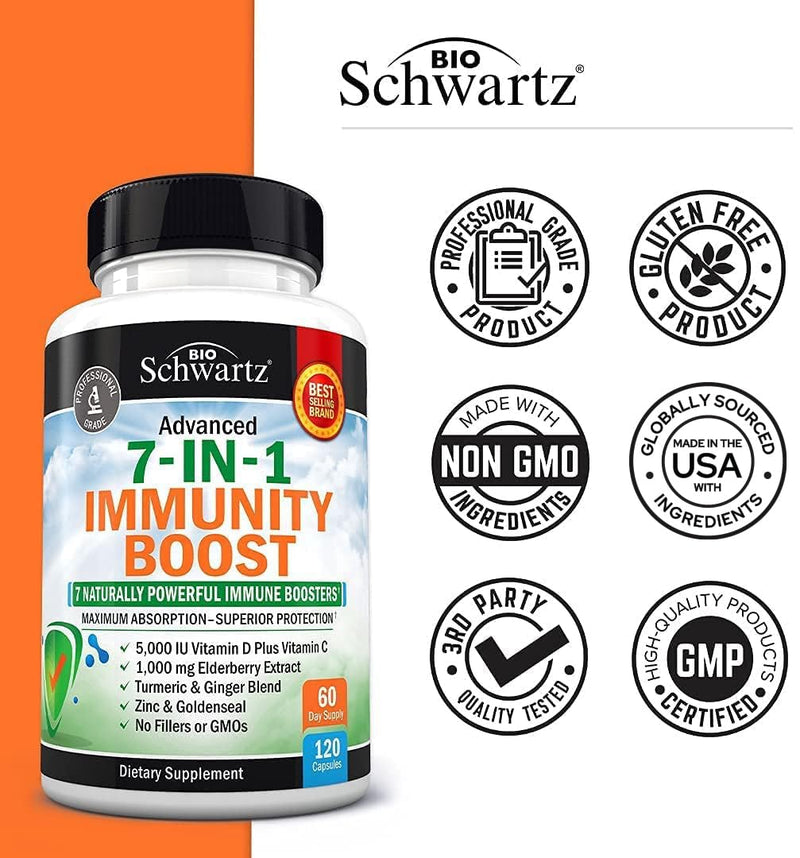 Immune Support Supplement with Zinc Elderberry Vitamin D 5000 IU, 120ct | Vitamin C, Turmeric, Ginger, Goldenseal Immunity Vitamins for Adults Women & Men - Gluten-Free, Non-GMO, Third Party Tested